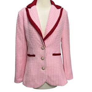 Alexia Admor Myra Tweed Blazer 6 Pink Red Pearl Button Fitted Jacket Classic